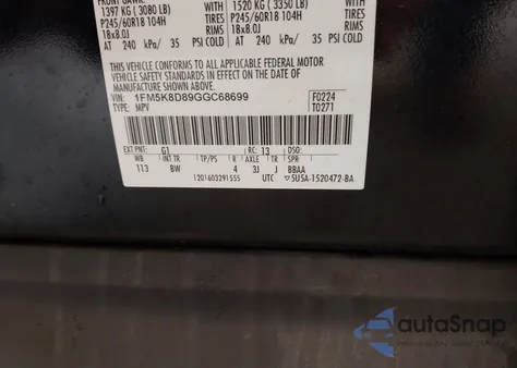 2016 Ford Explorer Xlt из США, поврежденный, VIN 1FM5K8D89GGC68699